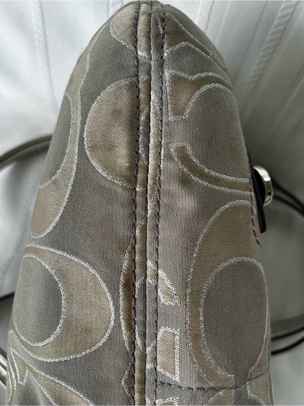 Coach Poppy Crossbody Shoulder Bag Gray Beige Sateen Silver Leather Buckles Pink - Picture 8 of 16